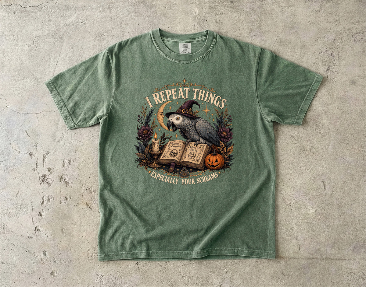 I Repeat Things Especially Your Screams Shirt – Funny African Grey Parrot Witch Halloween Tee, Vintage Comfort Colors