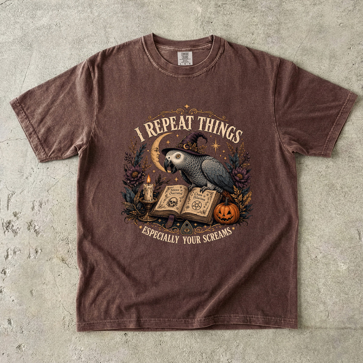 I Repeat Things Especially Your Screams Shirt – Funny African Grey Parrot Witch Halloween Tee, Vintage Comfort Colors