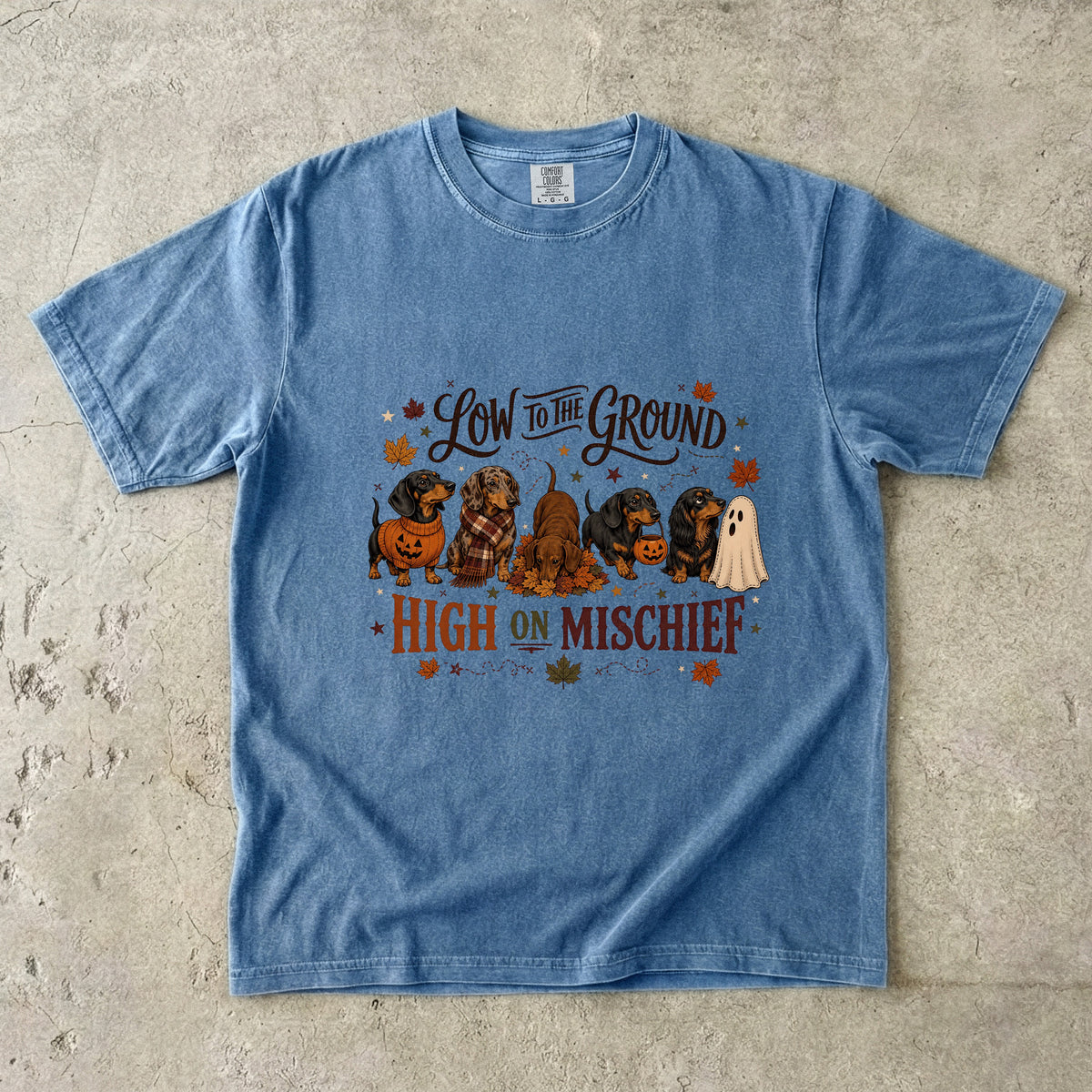 Low to the Ground High on Mischief Shirt – Dachshund Halloween Fall Tee, Vintage Wiener Dog Comfort Colors