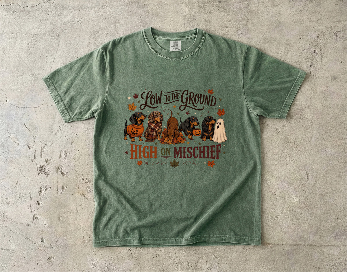 Low to the Ground High on Mischief Shirt – Dachshund Halloween Fall Tee, Vintage Wiener Dog Comfort Colors