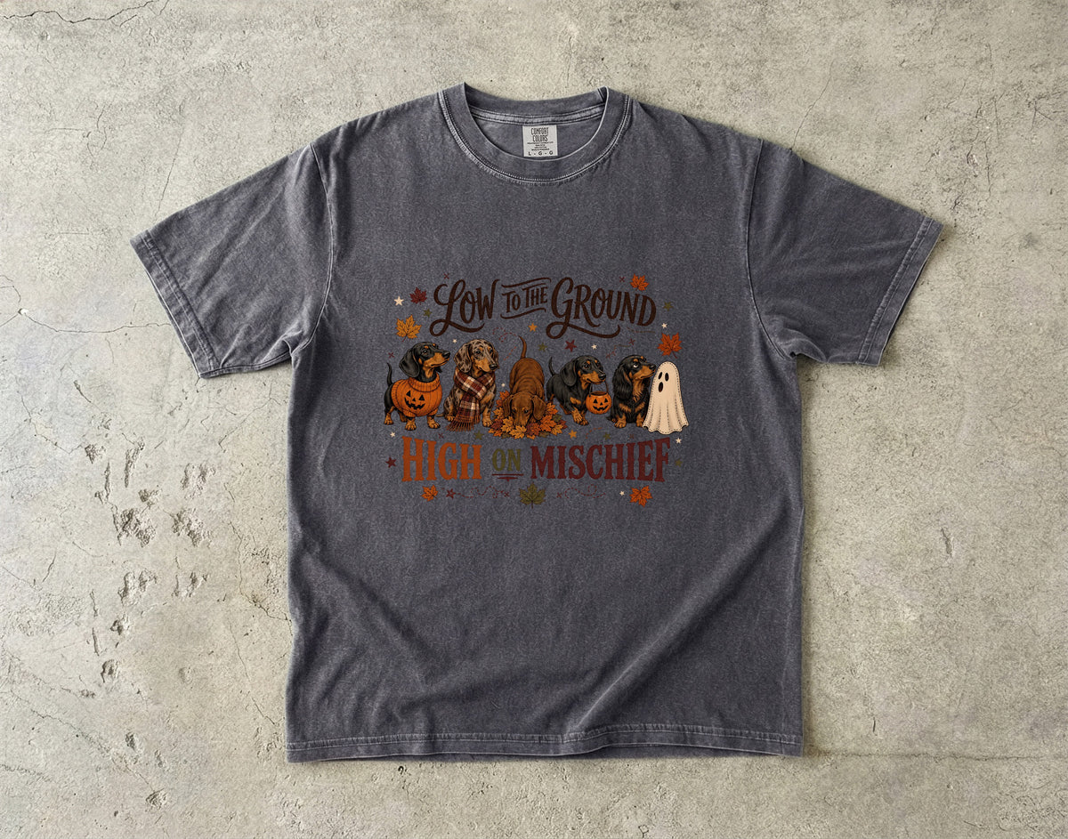 Low to the Ground High on Mischief Shirt – Dachshund Halloween Fall Tee, Vintage Wiener Dog Comfort Colors