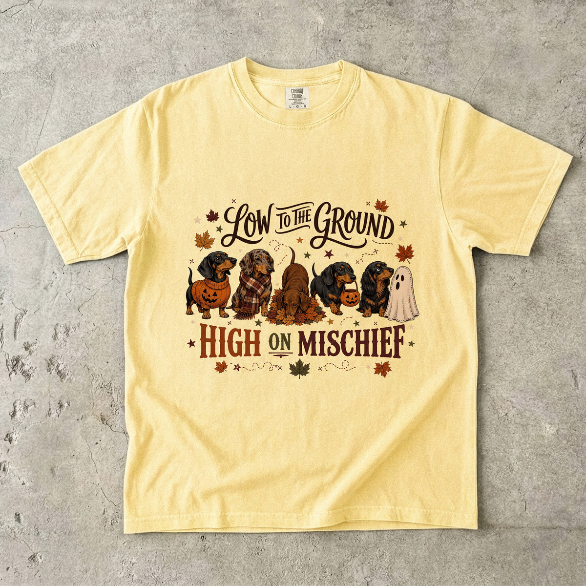 Low to the Ground High on Mischief Shirt – Dachshund Halloween Fall Tee, Vintage Wiener Dog Comfort Colors