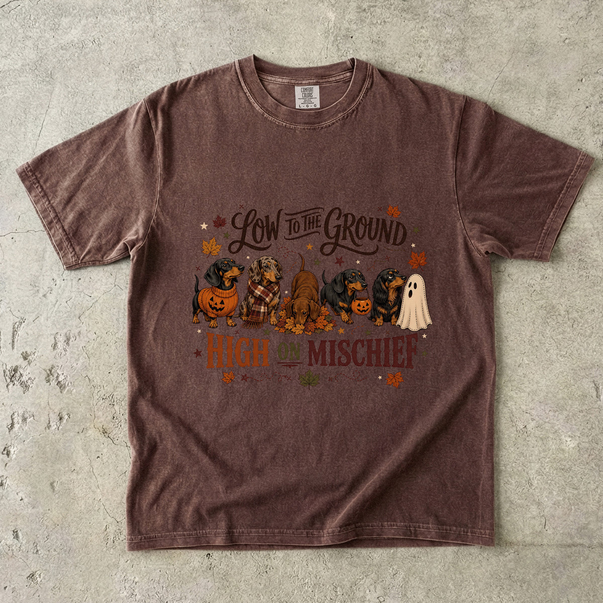 Low to the Ground High on Mischief Shirt – Dachshund Halloween Fall Tee, Vintage Wiener Dog Comfort Colors