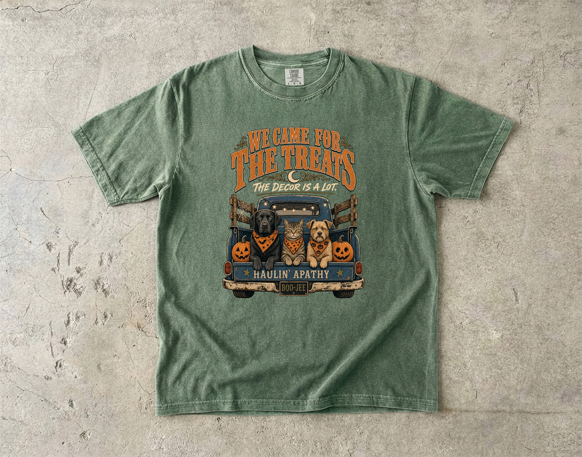 We Came for the Treats The Decor Is a Lot Shirt – Funny Dog and Cat Vintage Truck Halloween Tee, Comfort Colors