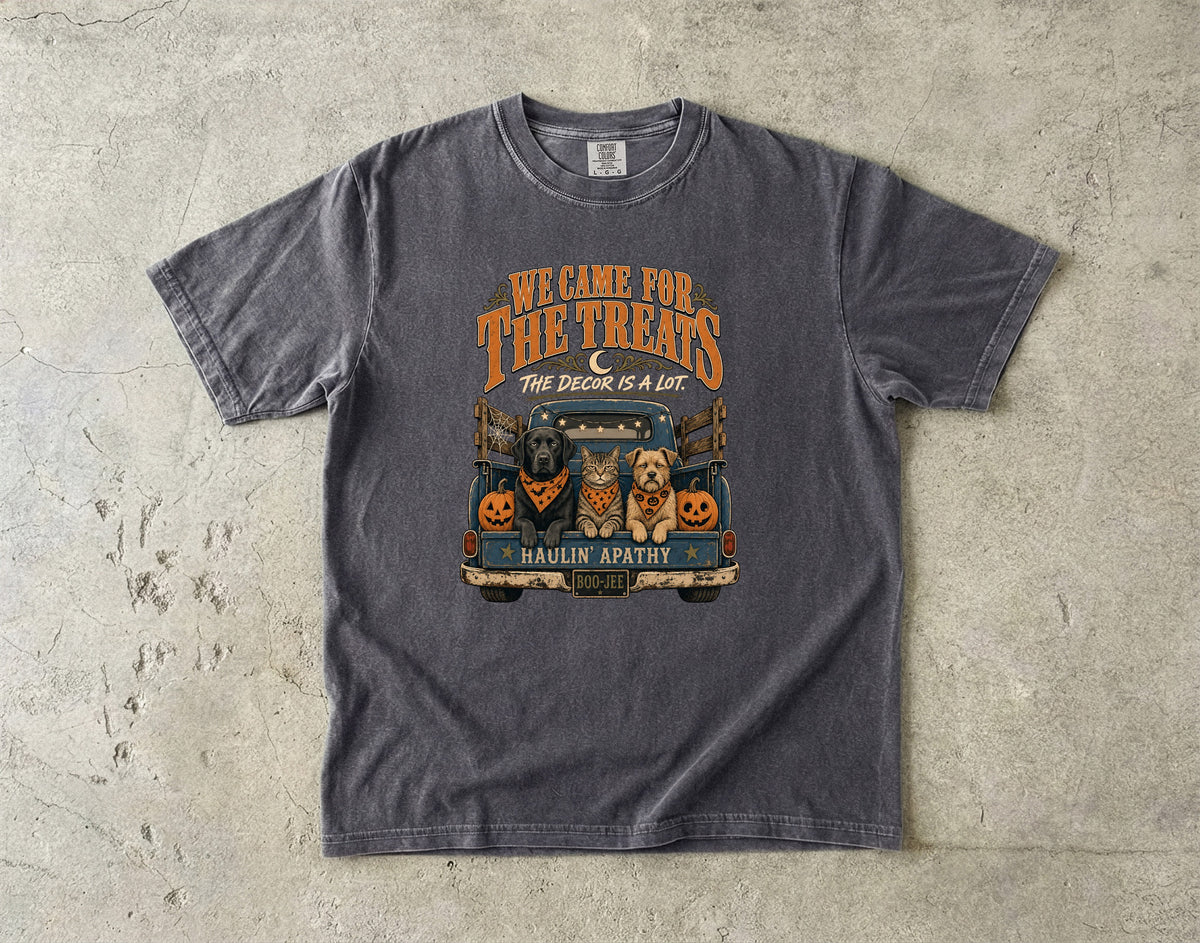 We Came for the Treats The Decor Is a Lot Shirt – Funny Dog and Cat Vintage Truck Halloween Tee, Comfort Colors