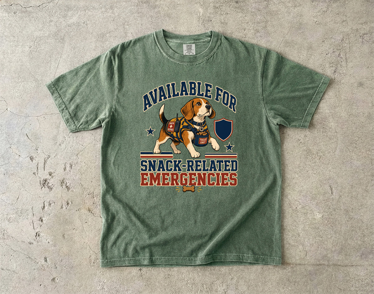Available For Snack-Related Emergencies Shirt | Funny Beagle Comfort Colors Tee | Search & Rescue Dog Parody Shirt | Funny Dog Lover T-Shirt