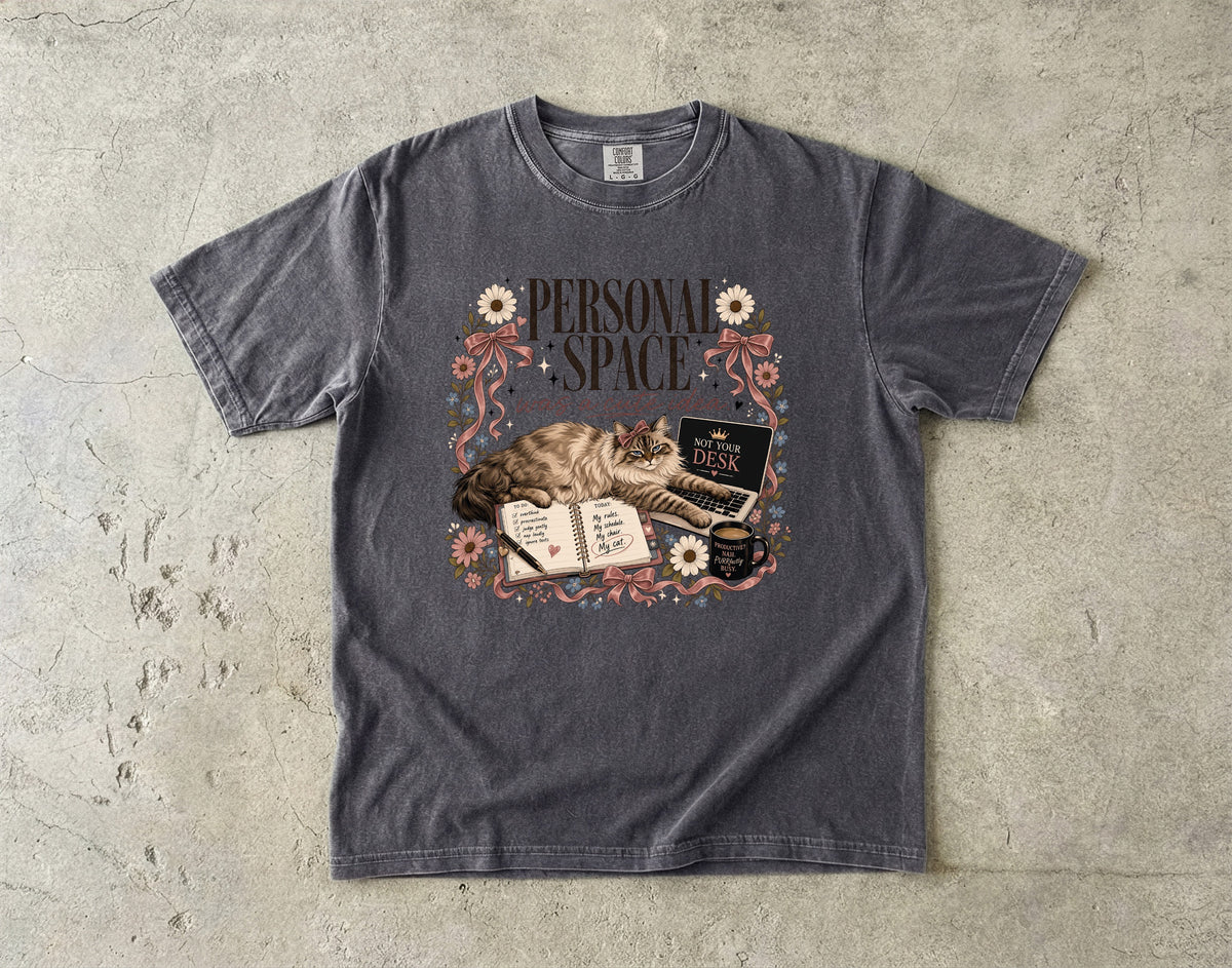Personal Space Was A Cute Idea Shirt | Funny Work From Home Cat Comfort Colors Tee | Cat On My Desk Shirt | Sassy Cat Mom Coffee Lover T-Shirt