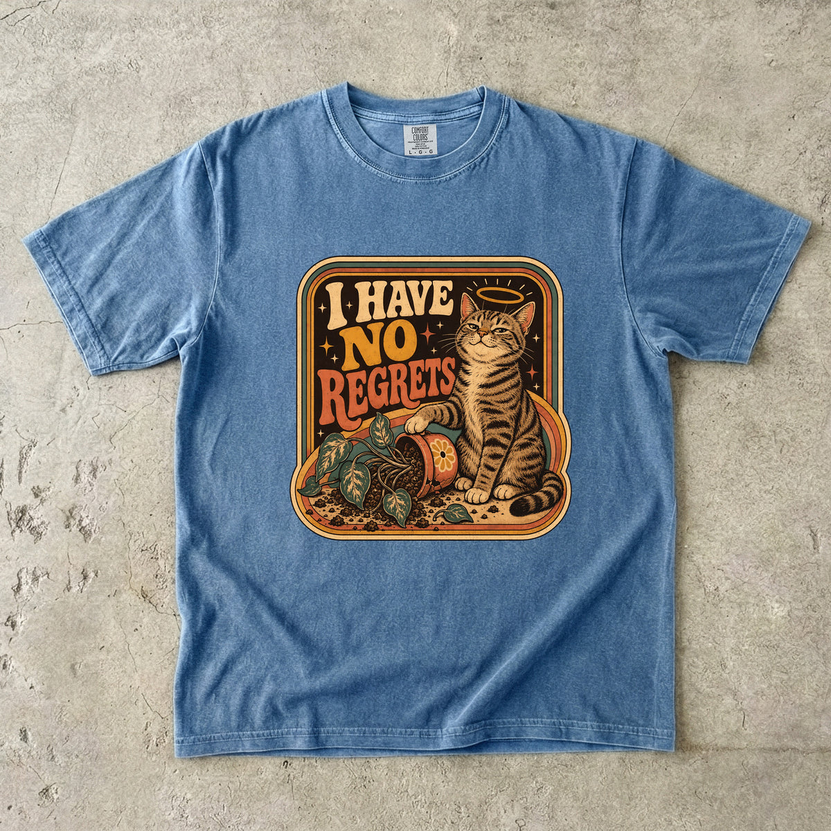 I Have No Regrets Funny Cat Shirt | Retro Tabby Cat Knocked Over Plant Tee | Angel Halo Cat