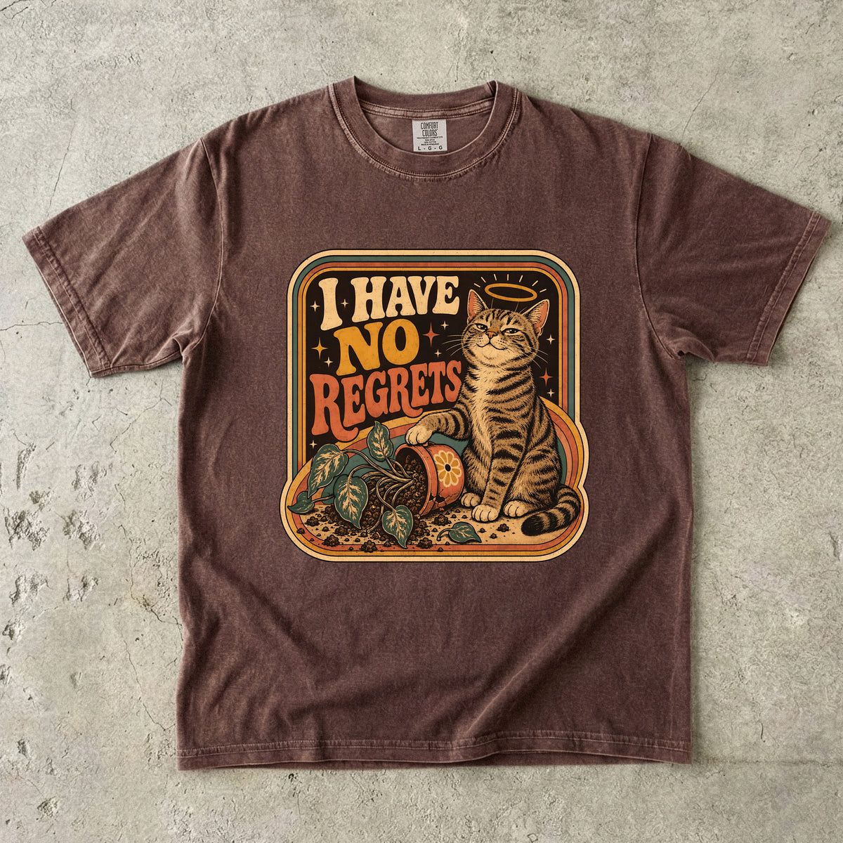I Have No Regrets Funny Cat Shirt | Retro Tabby Cat Knocked Over Plant Tee | Angel Halo Cat