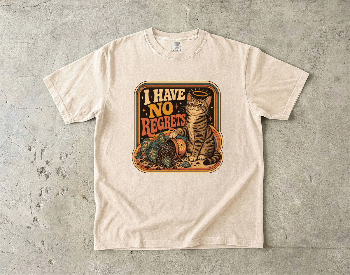 I Have No Regrets Funny Cat Shirt | Retro Tabby Cat Knocked Over Plant Tee | Angel Halo Cat