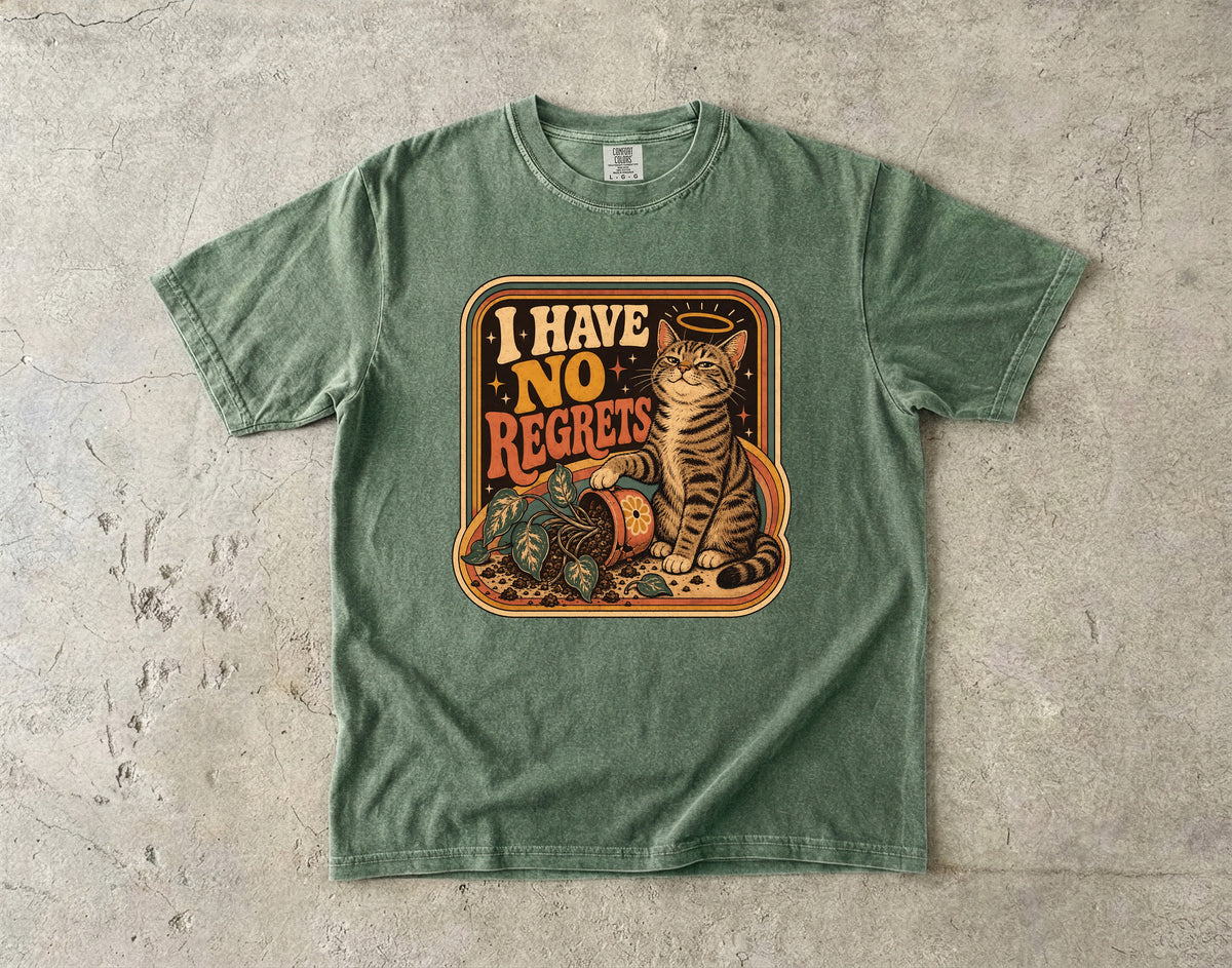 I Have No Regrets Funny Cat Shirt | Retro Tabby Cat Knocked Over Plant Tee | Angel Halo Cat