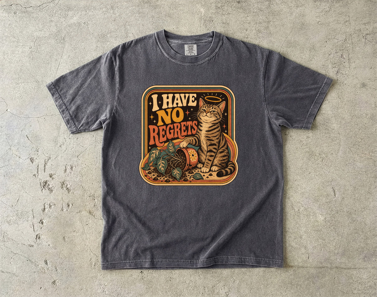 I Have No Regrets Funny Cat Shirt | Retro Tabby Cat Knocked Over Plant Tee | Angel Halo Cat