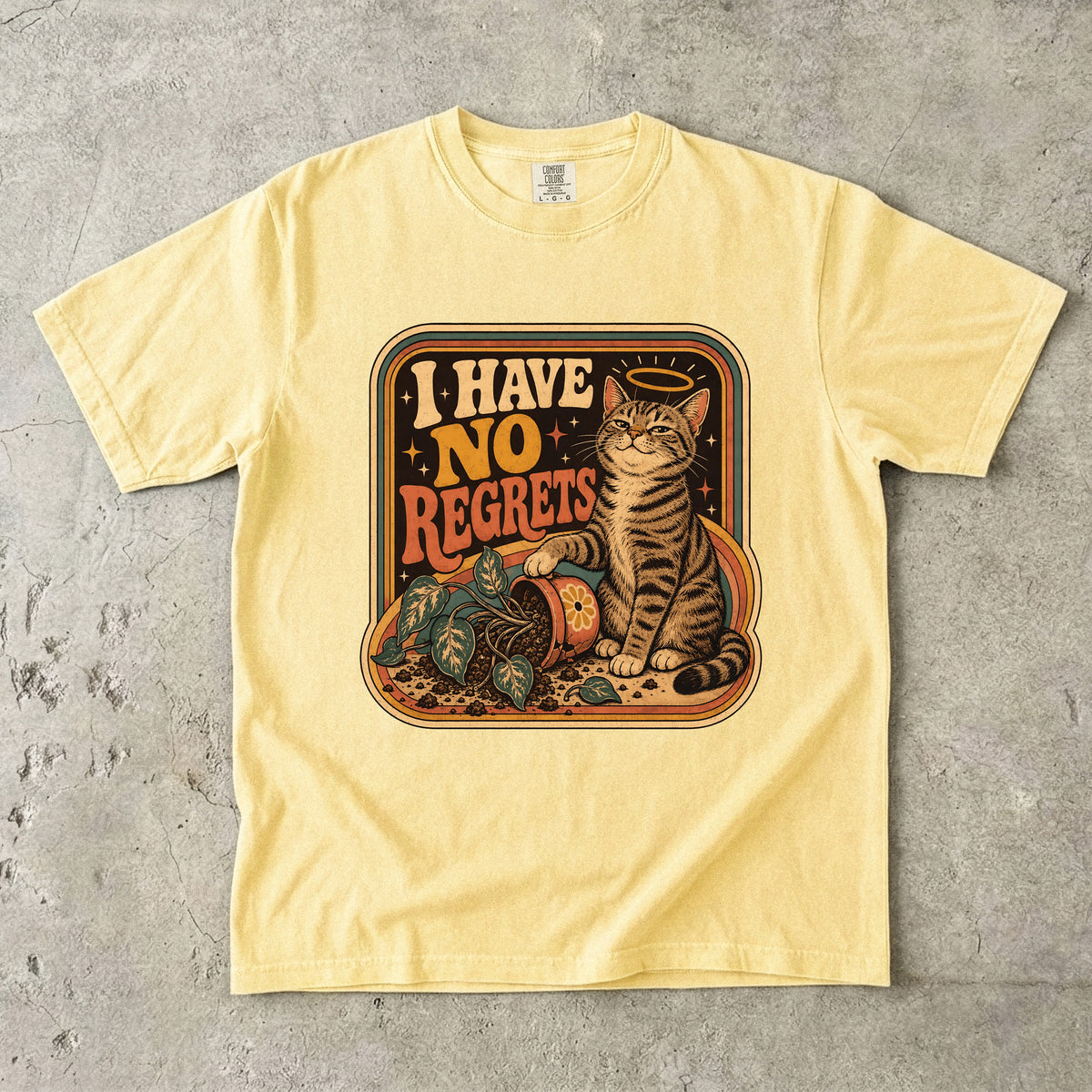 I Have No Regrets Funny Cat Shirt | Retro Tabby Cat Knocked Over Plant Tee | Angel Halo Cat