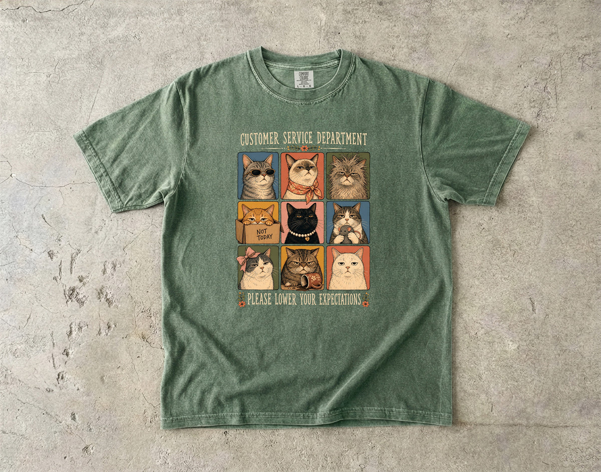 Customer Service Department Please Lower Your Expectations Shirt | Funny Grumpy Cats Comfort Colors Tee | Sarcastic Cat Lover Gift | Funny Work Cat T-Shirt