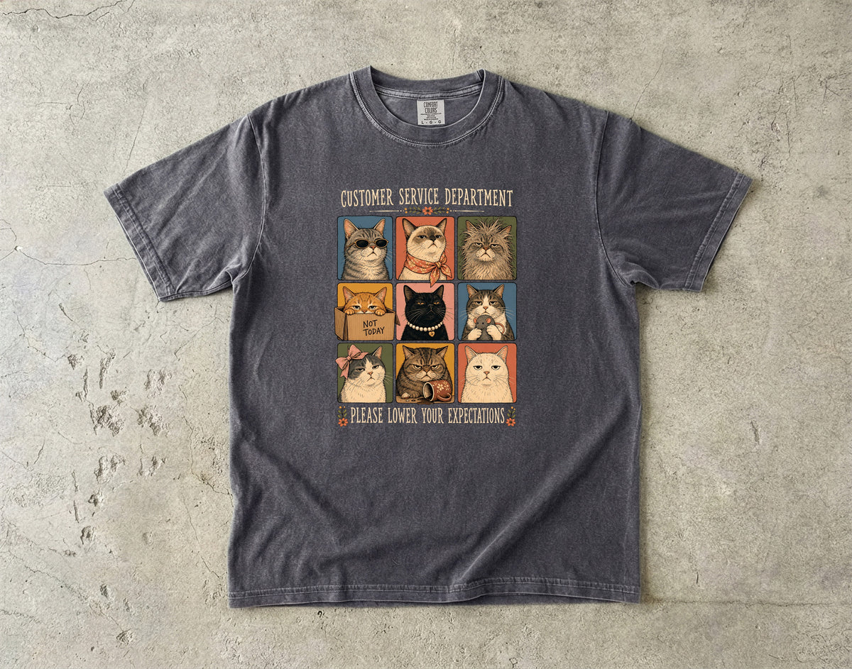 Customer Service Department Please Lower Your Expectations Shirt | Funny Grumpy Cats Comfort Colors Tee | Sarcastic Cat Lover Gift | Funny Work Cat T-Shirt