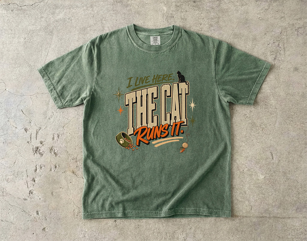 I Live Here The Cat Runs It Shirt, Funny Cat Mom Tee, Black Cat Lover Gift, Retro Cat Owner T-Shirt, Comfort Colors