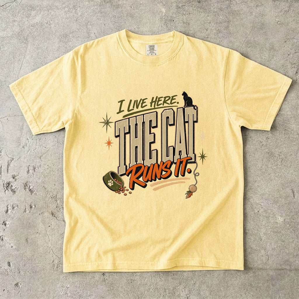 I Live Here The Cat Runs It Shirt, Funny Cat Mom Tee, Black Cat Lover Gift, Retro Cat Owner T-Shirt, Comfort Colors