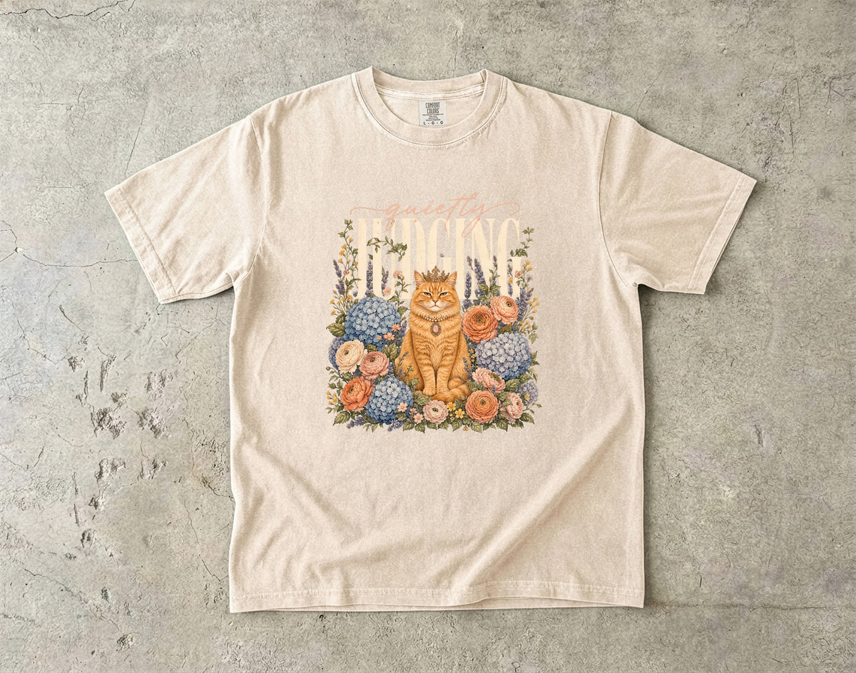 Quietly Judging Cat Shirt, Funny Orange Cat Tee, Floral Cat Mom Gift, Cottagecore Cat Lover T-Shirt, Comfort Colors
