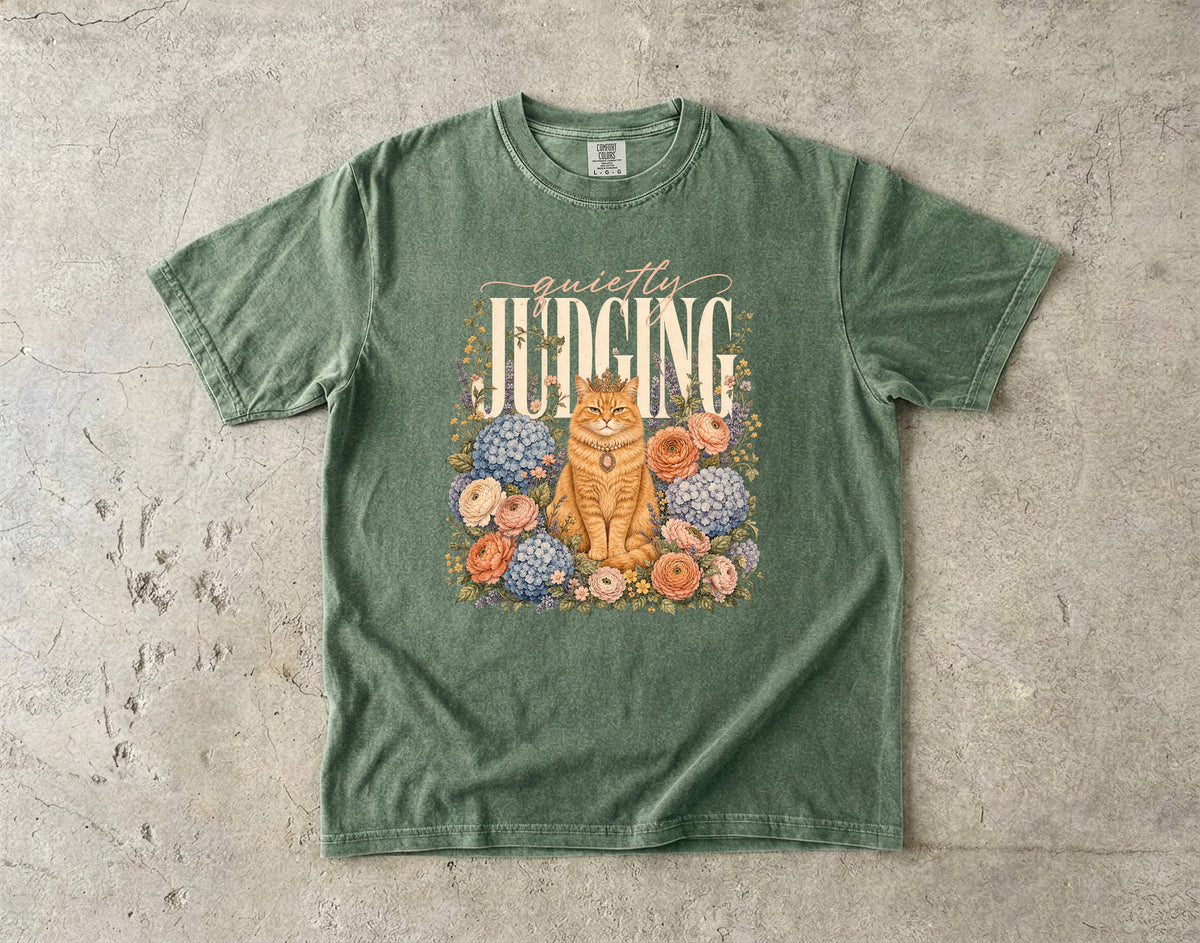 Quietly Judging Cat Shirt, Funny Orange Cat Tee, Floral Cat Mom Gift, Cottagecore Cat Lover T-Shirt, Comfort Colors