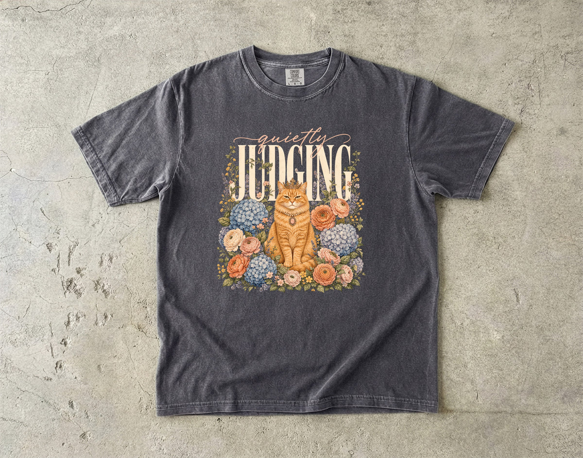 Quietly Judging Cat Shirt, Funny Orange Cat Tee, Floral Cat Mom Gift, Cottagecore Cat Lover T-Shirt, Comfort Colors