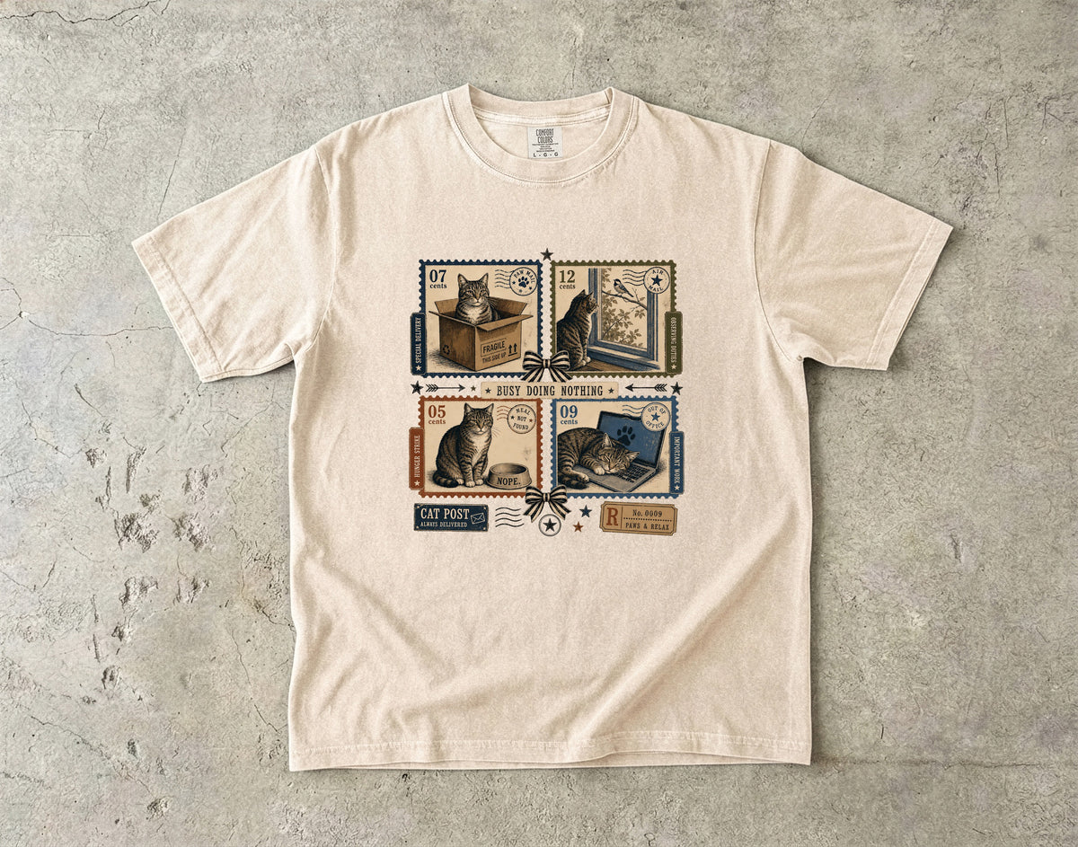 Busy Doing Nothing Cat Shirt, Funny Lazy Cat Tee, Vintage Cat Stamp Shirt, Cat Mom Gift, Retro Cat Lover T-Shirt, Comfort Colors