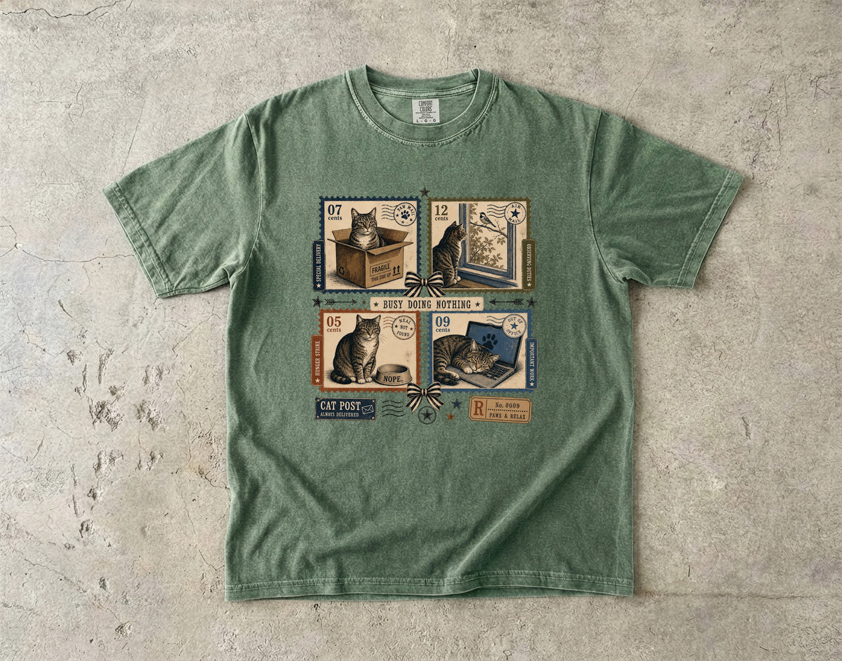Busy Doing Nothing Cat Shirt, Funny Lazy Cat Tee, Vintage Cat Stamp Shirt, Cat Mom Gift, Retro Cat Lover T-Shirt, Comfort Colors