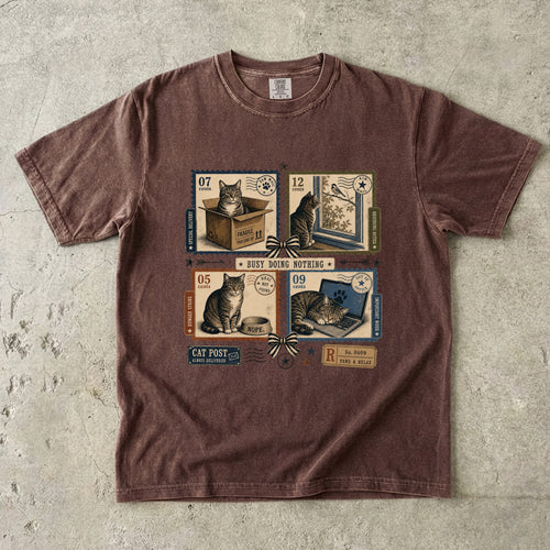 Busy Doing Nothing Cat Shirt, Funny Lazy Cat Tee, Vintage Cat Stamp Shirt, Cat Mom Gift, Retro Cat Lover T-Shirt, Comfort Colors