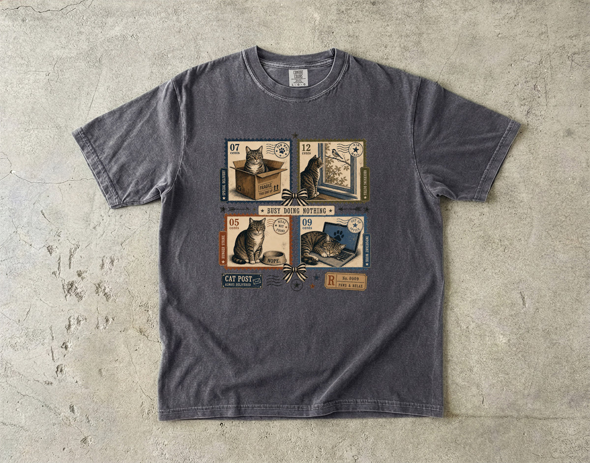 Busy Doing Nothing Cat Shirt, Funny Lazy Cat Tee, Vintage Cat Stamp Shirt, Cat Mom Gift, Retro Cat Lover T-Shirt, Comfort Colors