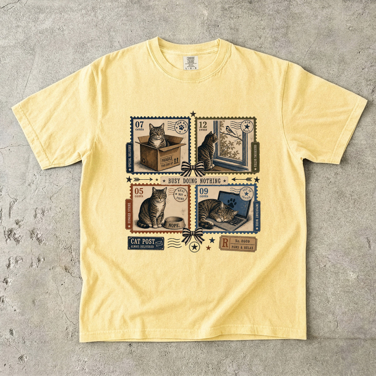 Busy Doing Nothing Cat Shirt, Funny Lazy Cat Tee, Vintage Cat Stamp Shirt, Cat Mom Gift, Retro Cat Lover T-Shirt, Comfort Colors