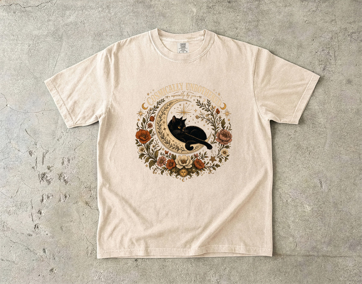 Cosmically Unbothered Shirt, Black Cat Moon Tee, Celestial Cat Shirt, Witchy Cat Mom Gift, Boho Floral Cat Lover T-Shirt, Comfort Colors
