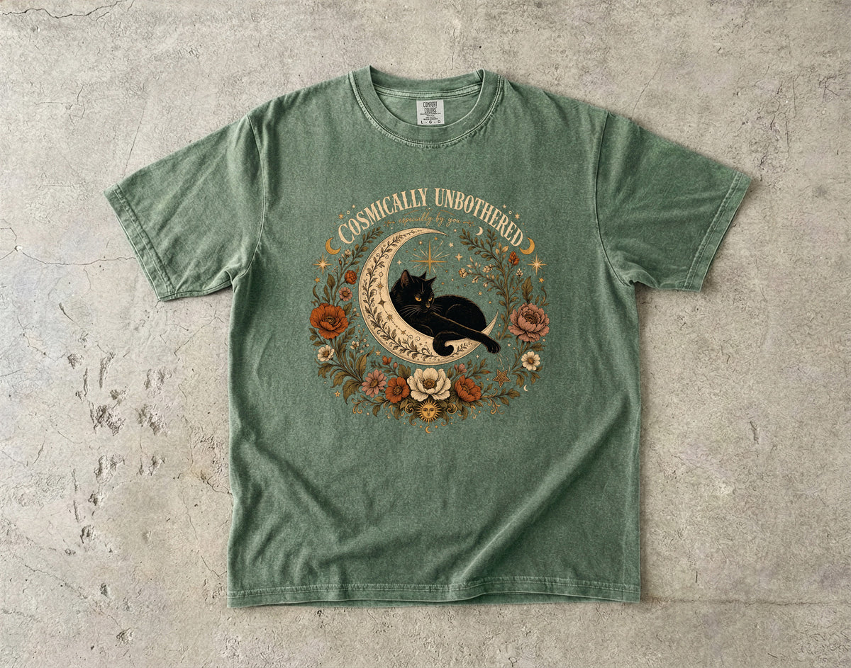 Cosmically Unbothered Shirt, Black Cat Moon Tee, Celestial Cat Shirt, Witchy Cat Mom Gift, Boho Floral Cat Lover T-Shirt, Comfort Colors