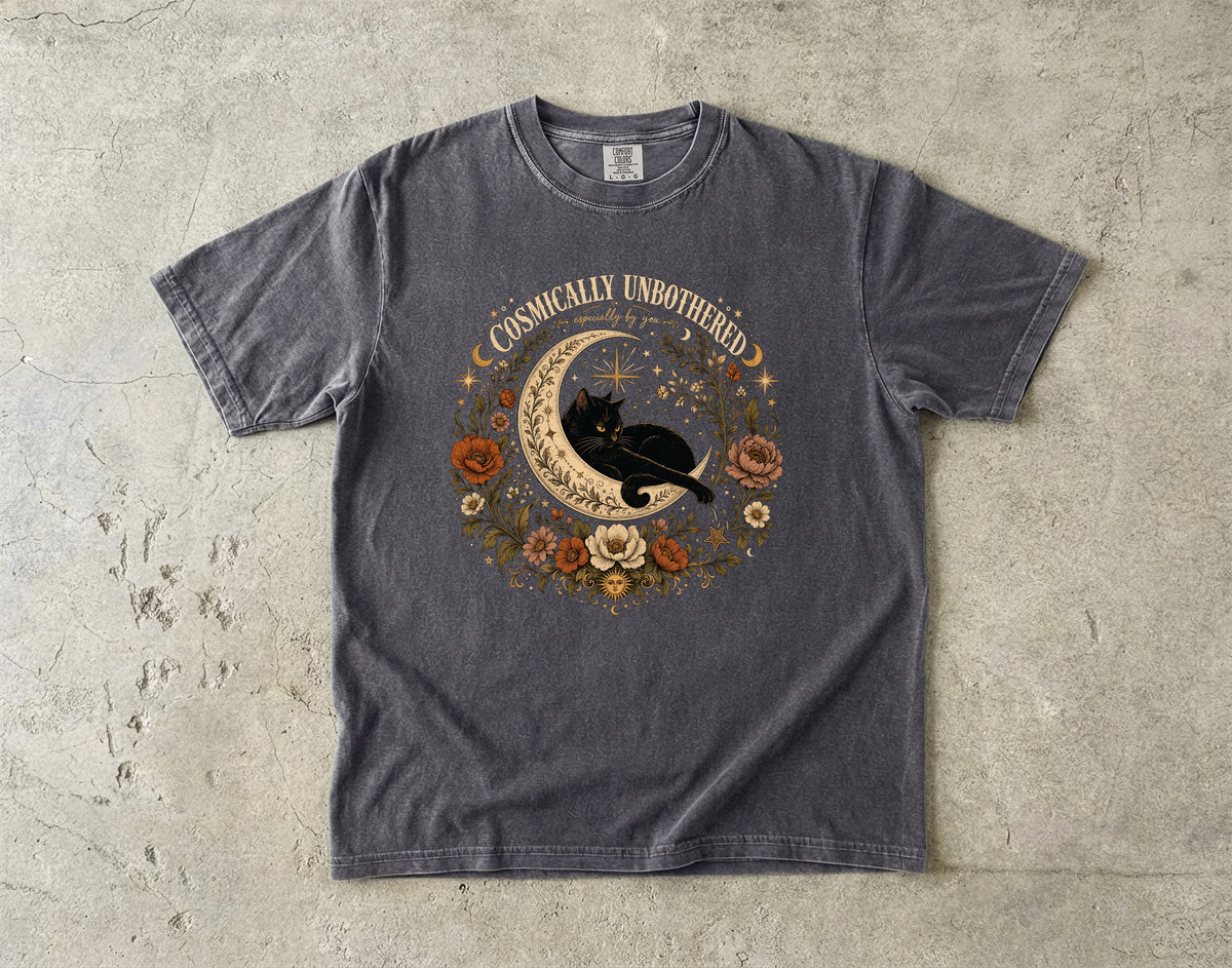 Cosmically Unbothered Shirt, Black Cat Moon Tee, Celestial Cat Shirt, Witchy Cat Mom Gift, Boho Floral Cat Lover T-Shirt, Comfort Colors