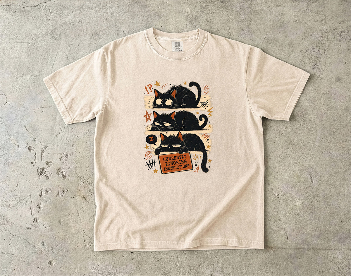 Currently Ignoring Instructions Shirt, Funny Black Cat Tee, Grumpy Cat Mom Gift, Sarcastic Cat Lover T-Shirt, Comfort Colors