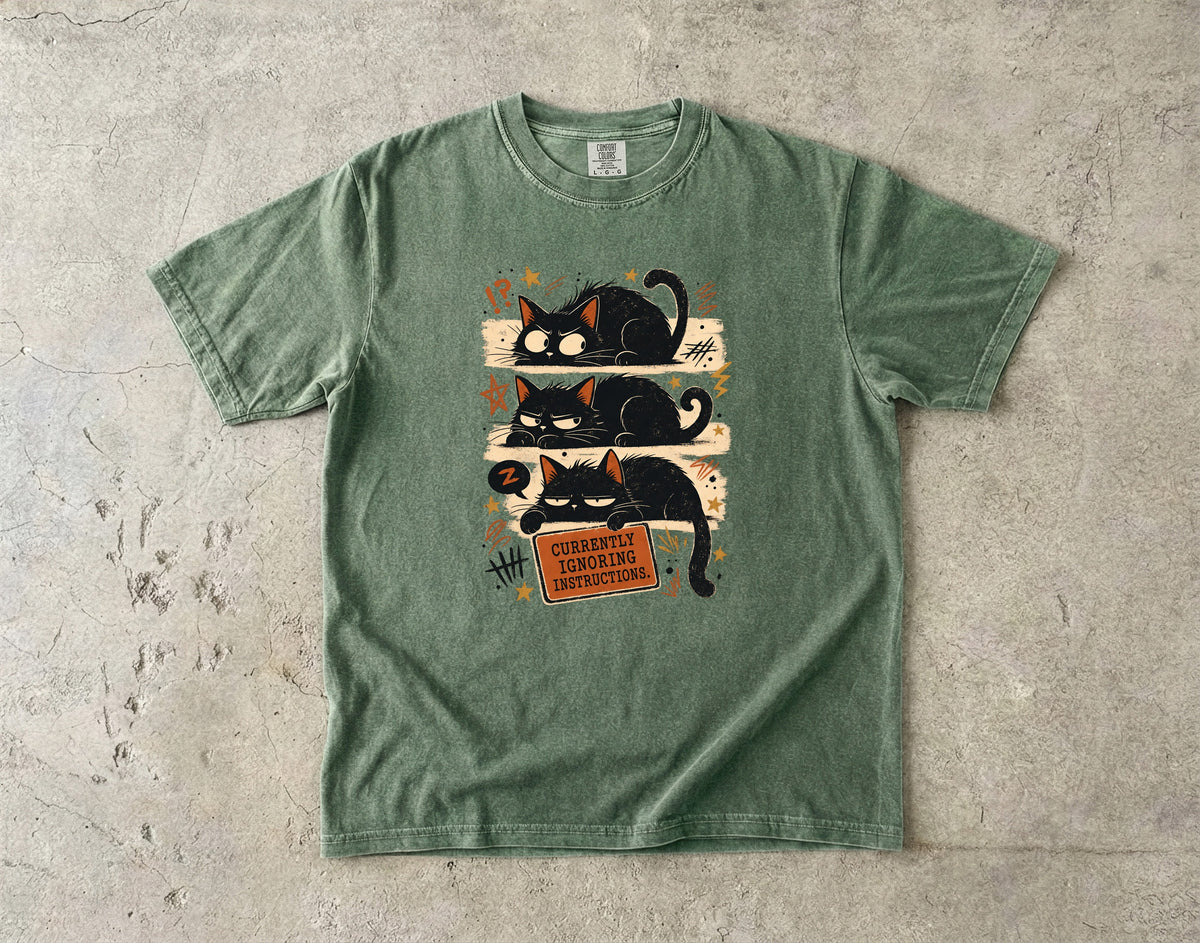 Currently Ignoring Instructions Shirt, Funny Black Cat Tee, Grumpy Cat Mom Gift, Sarcastic Cat Lover T-Shirt, Comfort Colors