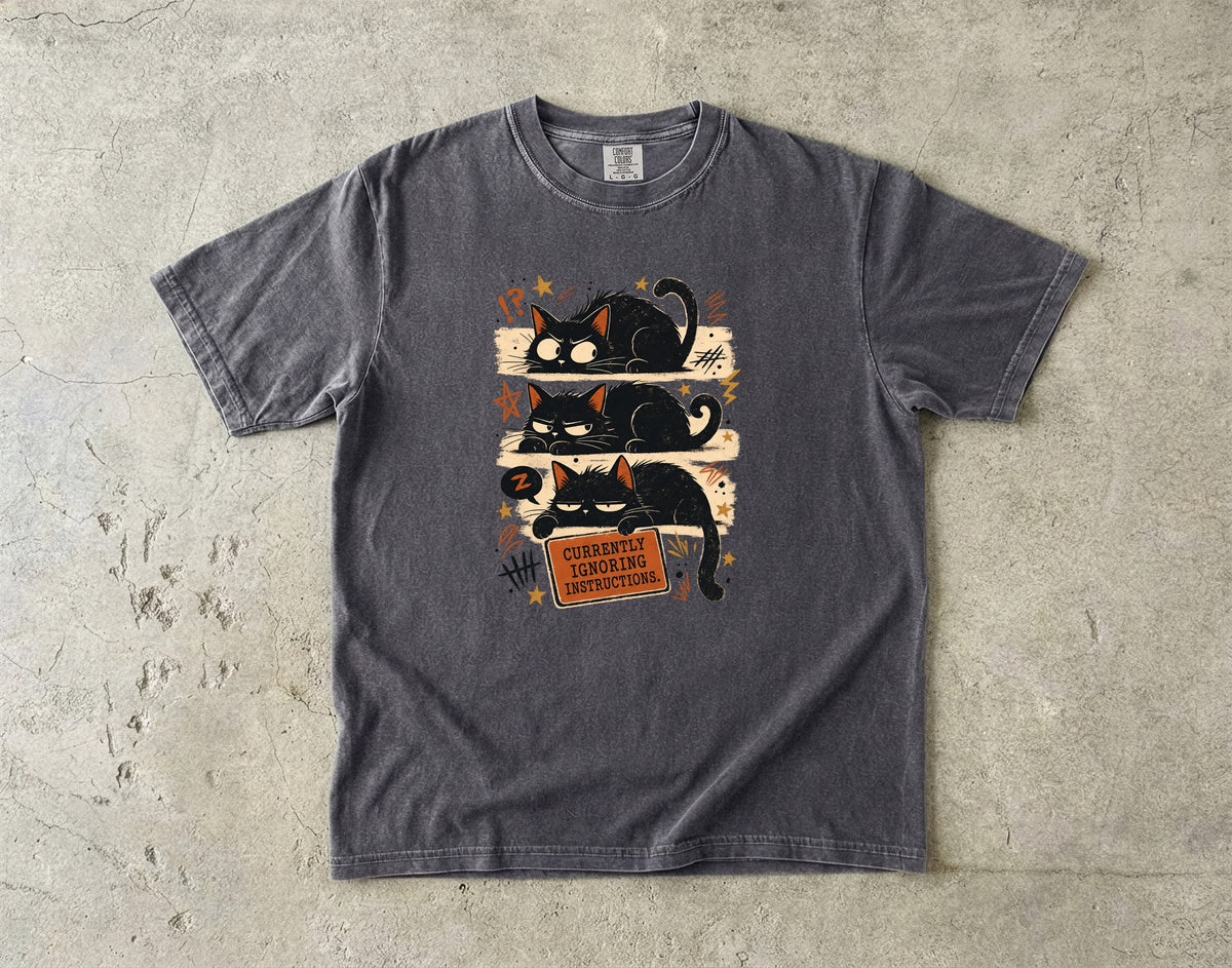 Currently Ignoring Instructions Shirt, Funny Black Cat Tee, Grumpy Cat Mom Gift, Sarcastic Cat Lover T-Shirt, Comfort Colors