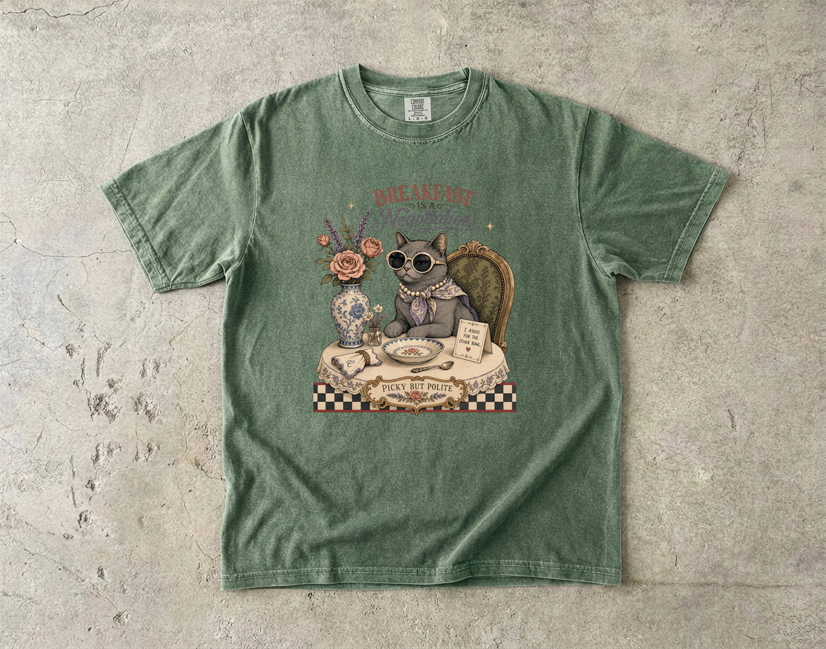 Breakfast Is A Negotiation Shirt, Funny Picky Cat Tee, Sassy Cat Mom Gift, Vintage Cat Lover T-Shirt, Comfort Colors