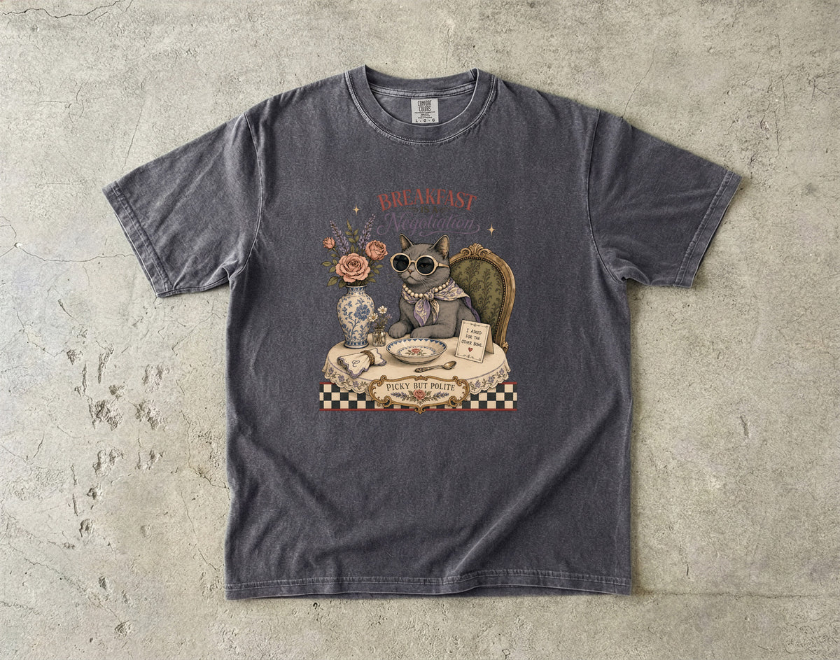 Breakfast Is A Negotiation Shirt, Funny Picky Cat Tee, Sassy Cat Mom Gift, Vintage Cat Lover T-Shirt, Comfort Colors