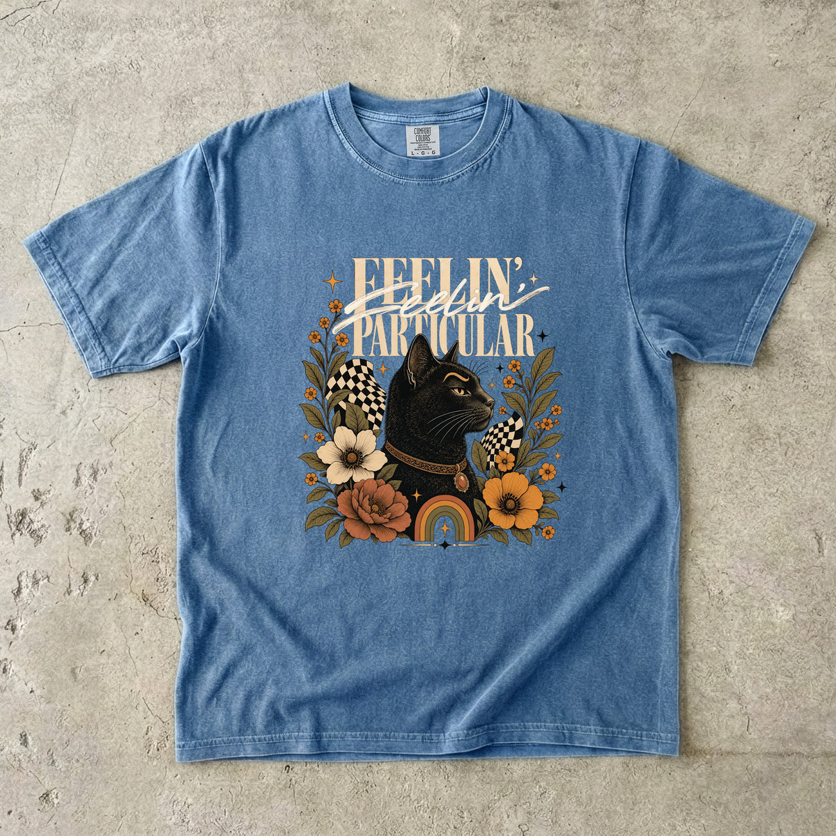 Feelin' Particular Black Cat Shirt, Retro 70s Floral Cat Tee, Boho Cat Mom Gift, Vintage Cat Lover T-Shirt, Comfort Colors