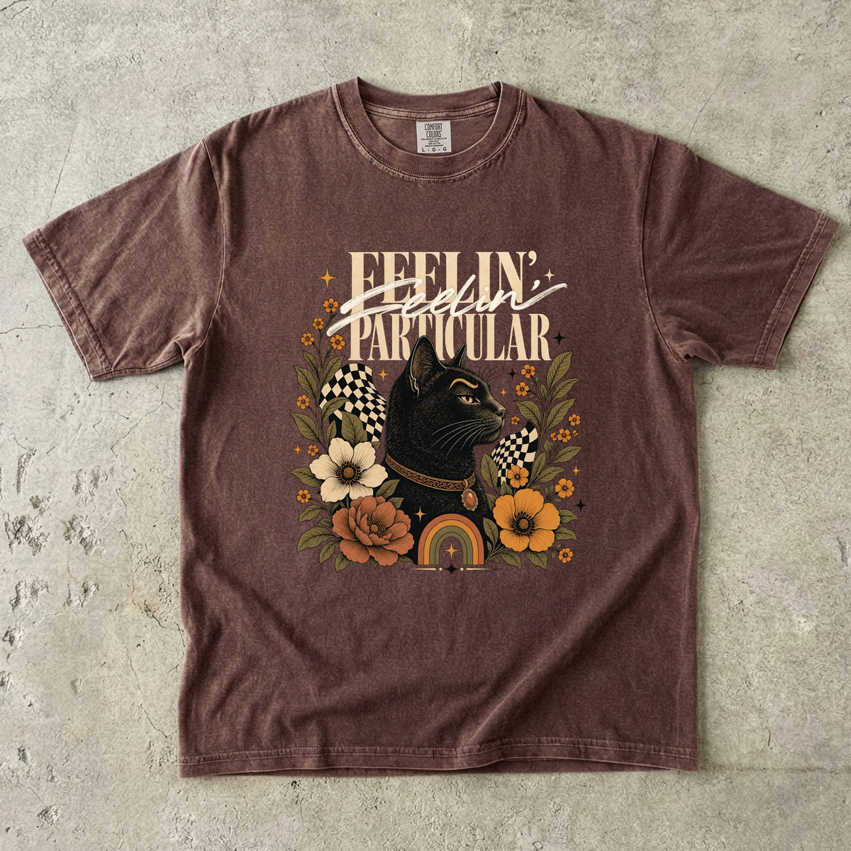 Feelin' Particular Black Cat Shirt, Retro 70s Floral Cat Tee, Boho Cat Mom Gift, Vintage Cat Lover T-Shirt, Comfort Colors