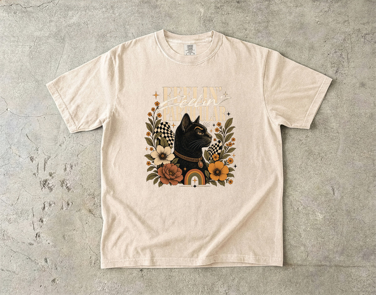 Feelin' Particular Black Cat Shirt, Retro 70s Floral Cat Tee, Boho Cat Mom Gift, Vintage Cat Lover T-Shirt, Comfort Colors