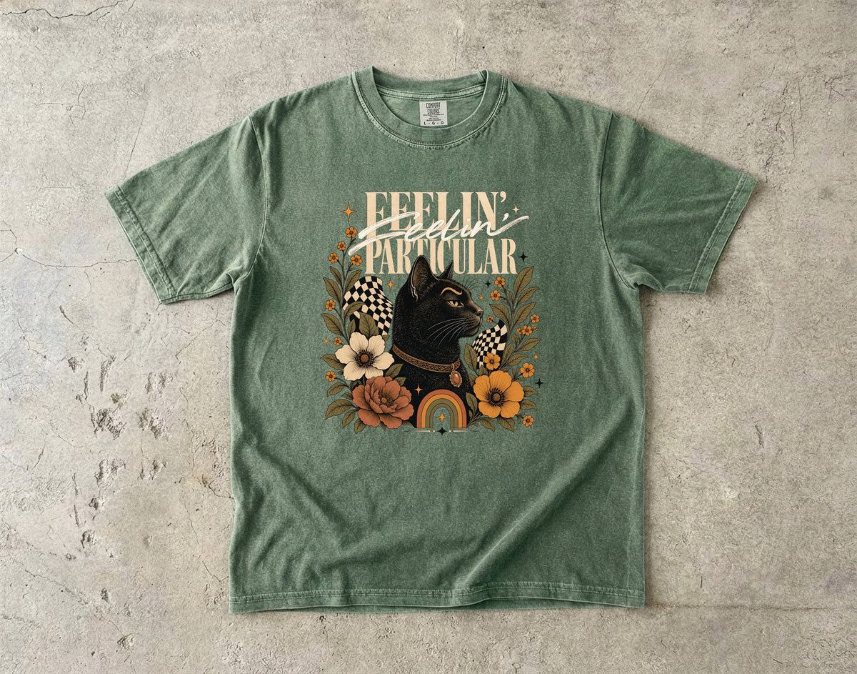 Feelin' Particular Black Cat Shirt, Retro 70s Floral Cat Tee, Boho Cat Mom Gift, Vintage Cat Lover T-Shirt, Comfort Colors