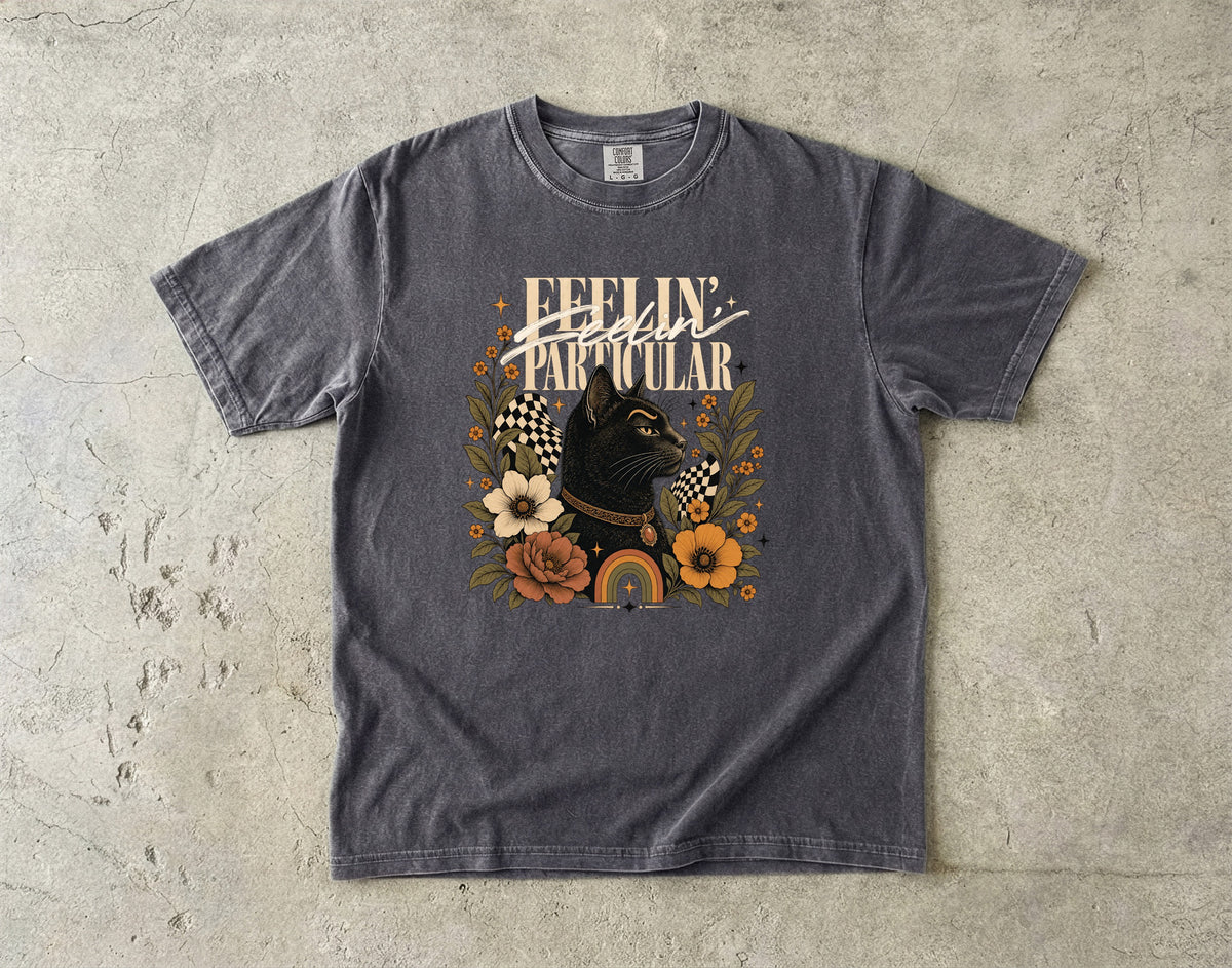 Feelin' Particular Black Cat Shirt, Retro 70s Floral Cat Tee, Boho Cat Mom Gift, Vintage Cat Lover T-Shirt, Comfort Colors