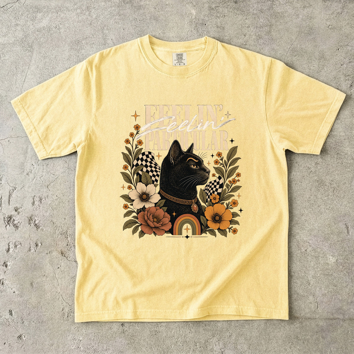 Feelin' Particular Black Cat Shirt, Retro 70s Floral Cat Tee, Boho Cat Mom Gift, Vintage Cat Lover T-Shirt, Comfort Colors