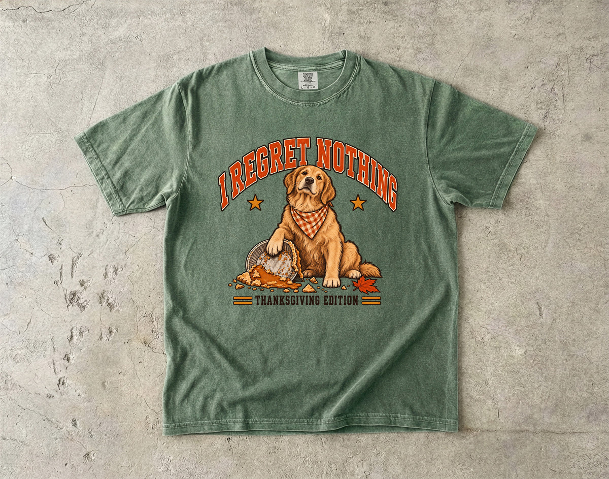 I Regret Nothing Thanksgiving Dog Shirt, Funny Golden Retriever Turkey Day Tee, Comfort Colors Fall Dog Lover Gift for Dog Mom & Dog Dad