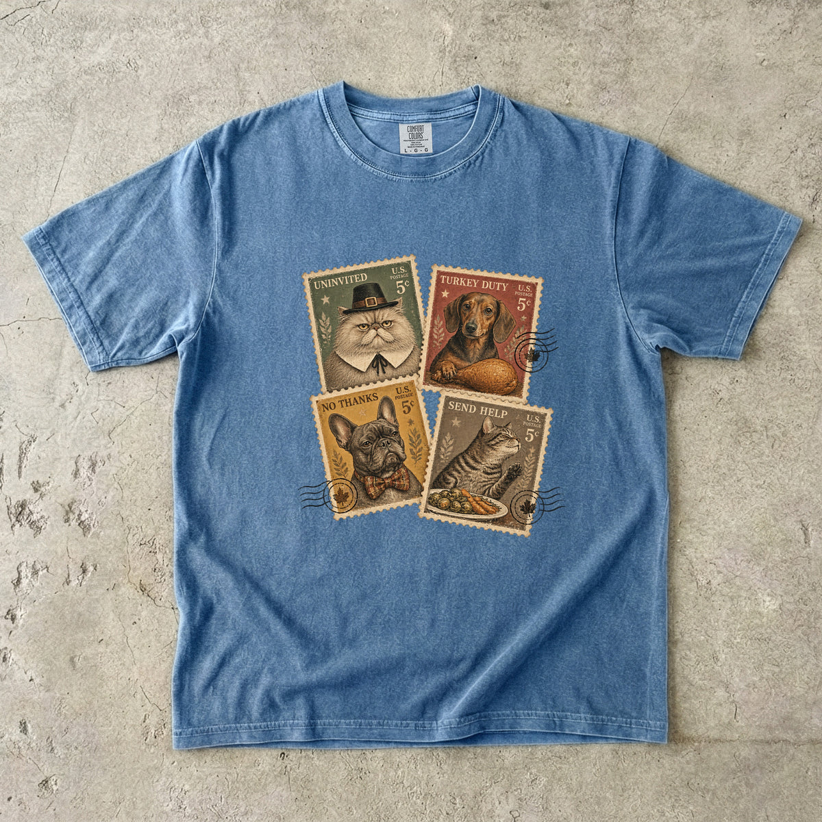 Funny Thanksgiving Pet Stamps Shirt, Vintage Postage Stamp Dog & Cat Tee, Retro Pilgrim Cat Dachshund Frenchie Comfort Colors Pet Lover Gift