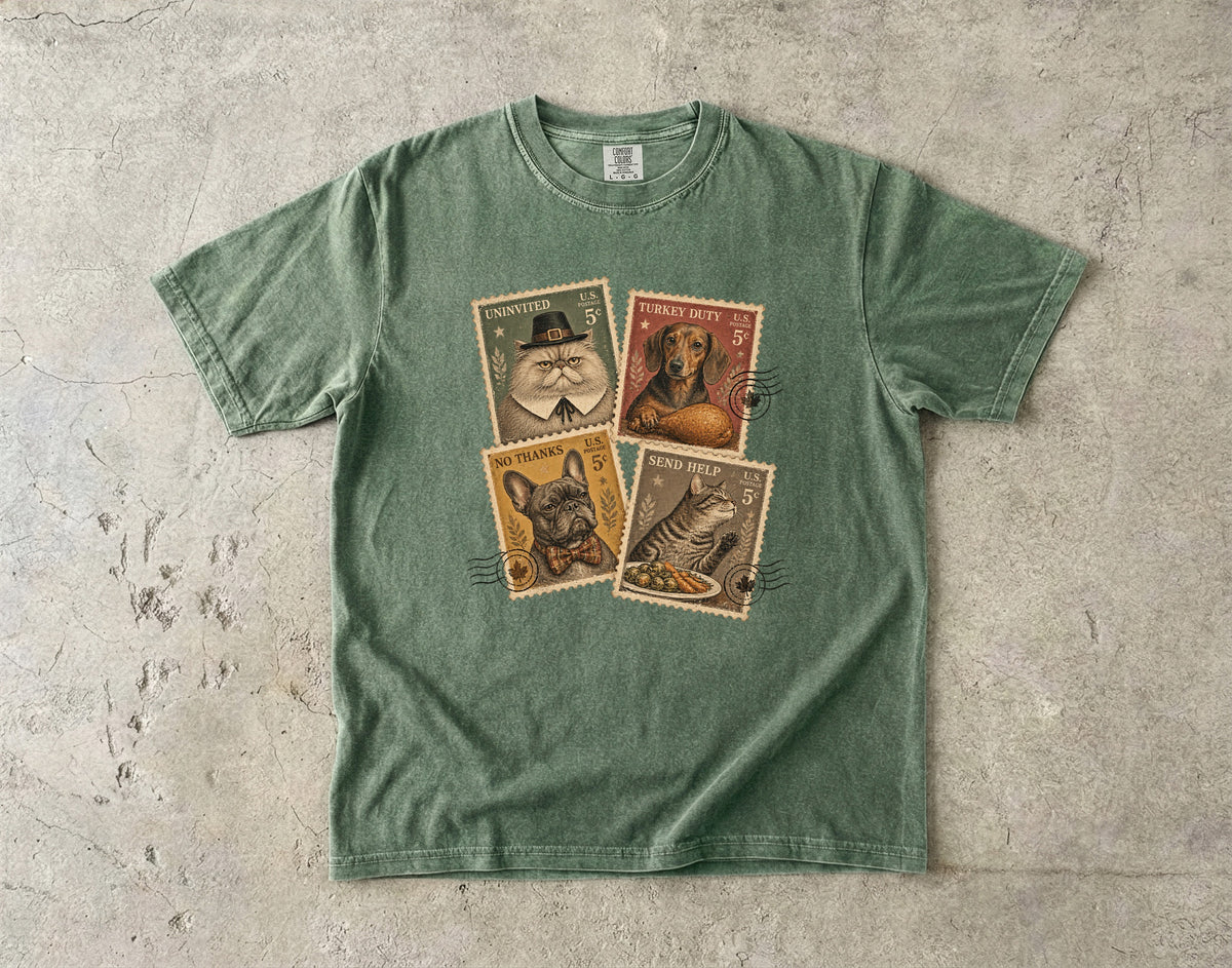 Funny Thanksgiving Pet Stamps Shirt, Vintage Postage Stamp Dog & Cat Tee, Retro Pilgrim Cat Dachshund Frenchie Comfort Colors Pet Lover Gift