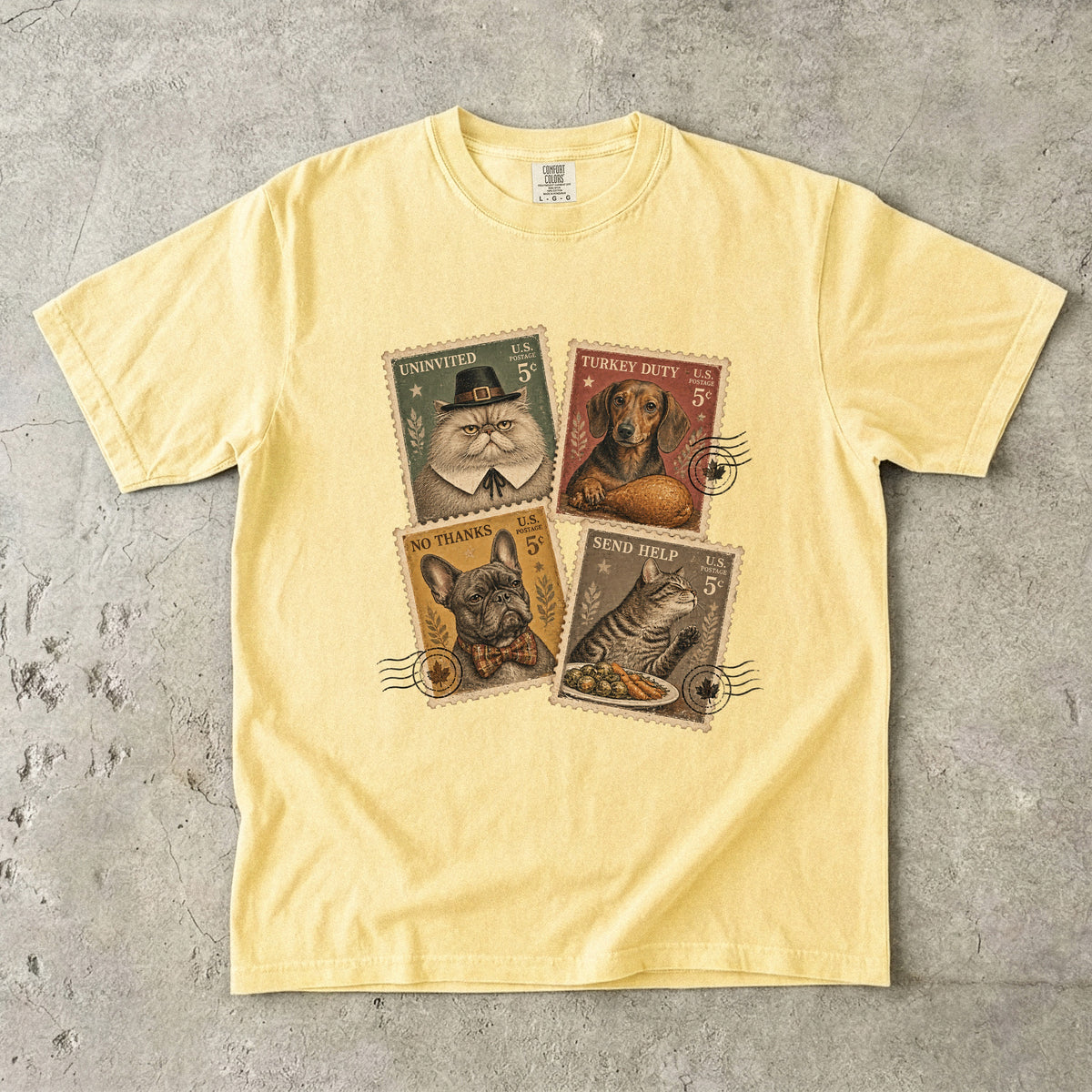 Funny Thanksgiving Pet Stamps Shirt, Vintage Postage Stamp Dog & Cat Tee, Retro Pilgrim Cat Dachshund Frenchie Comfort Colors Pet Lover Gift