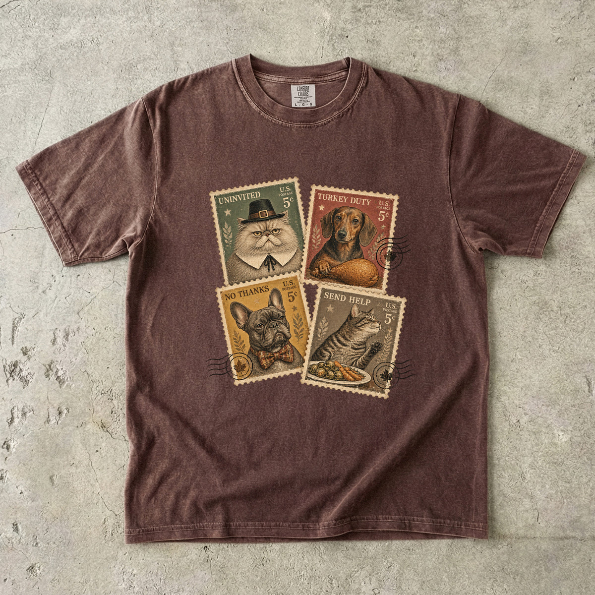 Funny Thanksgiving Pet Stamps Shirt, Vintage Postage Stamp Dog & Cat Tee, Retro Pilgrim Cat Dachshund Frenchie Comfort Colors Pet Lover Gift