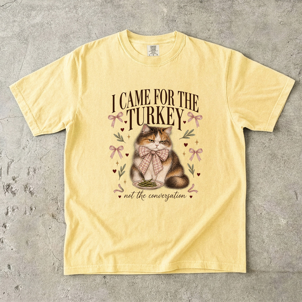 I Came for the Turkey Not the Conversation Shirt, Funny Cat Thanksgiving Tee, Coquette Calico Cat Mom Gift, Comfort Colors Fall T-Shirt