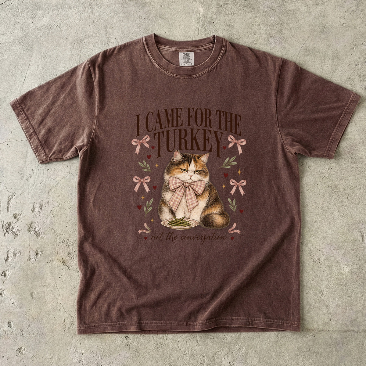 I Came for the Turkey Not the Conversation Shirt, Funny Cat Thanksgiving Tee, Coquette Calico Cat Mom Gift, Comfort Colors Fall T-Shirt